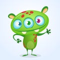 Green funny happy cartoon monster. Green vector alien character with three eyes. Halloween design Royalty Free Stock Photo