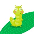 Green funny smiling cute caterpillar on the leaf. Insect character for baby and children. Vector illustration, cartoon Royalty Free Stock Photo