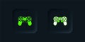 Green Game controller or joystick for game console icon isolated on black background. Black square button. Vector