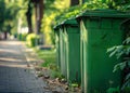 Green garbage bins are lined up along the street