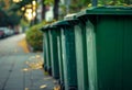 Green garbage bins are lined up along the street