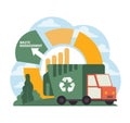 Green garbage truck parked beside. Flat vector illustration