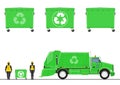 Green garbage truck and trash bins. Royalty Free Stock Photo