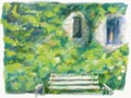 Green garden with bench , flowers , window art illustration.Beautiful nature outdoor.nature landscape