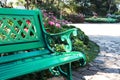 Green Garden bench in the park flower colorful image background Royalty Free Stock Photo