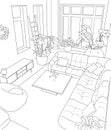 Green Garden Farm House Living Room Line Art Illustration