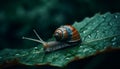 Green garden snail crawling on wet leaf, slimy mollusk outdoors generated by AI Royalty Free Stock Photo