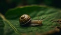 Green garden snail crawling on wet leaf, slimy and slow generated by AI Royalty Free Stock Photo