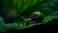 Green garden snail crawls slowly on wet leaf, slimy spiral generated by AI Royalty Free Stock Photo