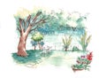 Green garden water colour illustration