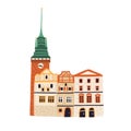 Green Gate or Zelena Brana in Pardubice. Old Czech building with tower and spire. Colored flat vector illustration of