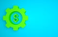 Green Gear with dollar symbol icon isolated on blue background. Business and finance conceptual icon. Minimalism concept