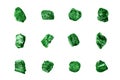 Green gem stones nuggets set white background isolated close up, raw emerald gemstones collection, group of shiny precious rocks