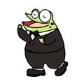 A green gentleman frog singing  a song clip art cartoon with black ouline flat vector illustration isolated on white background. Royalty Free Stock Photo