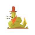 Green Giant Snake Monster In Cowboy Hat And Bandana Sitting At Bonfire, Alien Camping And Hiking Cartoon Illustration