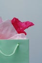 Green gift bag with pink tissue paper. Plain background. Royalty Free Stock Photo