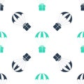 Green Gift box flying on parachute icon isolated seamless pattern on white background. Delivery service, air shipping Royalty Free Stock Photo