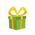 Green gift box with gold ribbon isolated on white background, vector illustration. Royalty Free Stock Photo