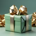 Green gift box with golden bow and ribbons. 3d rendering Royalty Free Stock Photo