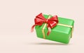 green gift box with golden ribbon and red bow. merry christmas and happy new year, 3d render illustration Royalty Free Stock Photo