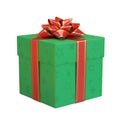 Green gift box with red bow and ribbon, present 3d rendering Royalty Free Stock Photo