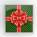 Green gift box with a red bow top view. Vector realistic object. Christmas colors