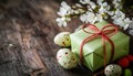 A green gift box with a red ribbon surrounded by colorful Easter eggs. Royalty Free Stock Photo