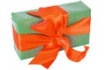 Green gift box with red satin ribbon bow Royalty Free Stock Photo