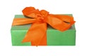 Green gift box with red satin ribbon bow Royalty Free Stock Photo