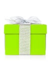 Green gift box with silver ribbon and bow Royalty Free Stock Photo