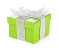 Green gift box with silver ribbon and bow Royalty Free Stock Photo