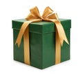 green gift box wrapped with gold bow and ribbon isolated on white background Royalty Free Stock Photo