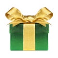 Green gift box wrapped with shiny gold bow and ribbon isolated on white Royalty Free Stock Photo