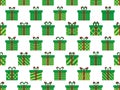 Green gift boxes with red ribbon seamless pattern. Gift boxes with geometric pattern. Festive design for greeting card, wrapping Royalty Free Stock Photo