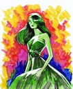 Green colored girl with long hair in a wide dress, fashion style sketch with pencils and felt pens, vector