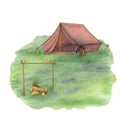 Green glade, field, edge. Tarp canvas tent for camping. Wooden sticks for cooking over a campfire, firewood. Watercolor