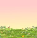 Green Glade. Summer meadow. Morning. Juicy grass close up. Grassland. Place on the field. Pasture. Cartoon style. Flat