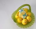 Easter green glass basket, plastic chick eggs, One fuzzy chick (disguised bunny)