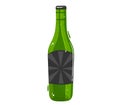 Green glass beer bottle with label and cap vector illustration. Alcohol beverage container, carbonated drink packaging