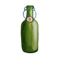 Green glass bottle of beer. Watercolor hand drawn illustration
