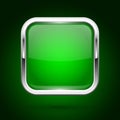 Green glass button with metal frame. Square iconon green background Royalty Free Stock Photo