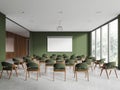 Green and glass conference hall interior with projection screen Royalty Free Stock Photo