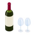 Green glass red wine bottle and two clean glasses isometric illustration Royalty Free Stock Photo