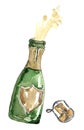 Green glass wine bottle with sparkling wine and a splash of champagne