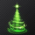 Green glitter bokeh lights and sparkle stars christmas tree on transparent background. Isolsted light shining abstract