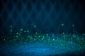 Green Glitter Lights Background. Vintage Sparkle Bokeh With Selective Focus. Defocused. Cool Blue Filtered Color. Royalty Free Stock Photo