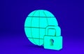 Green Global lockdown - locked globe icon isolated on blue background. Minimalism concept. 3d illustration 3D render Royalty Free Stock Photo