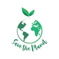 Green globe logo with growing plant and save the planet symbol. Ecology, environment, reforestation, earth day and global warming Royalty Free Stock Photo