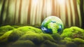 A green globe sitting on top of a lush green field, in a foggy mossy forest.