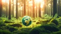 A green globe sitting on top of a lush green field, in a foggy mossy forest.